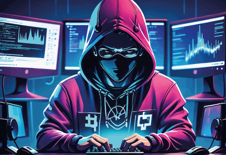Vector hacker with computer in neon style hacker with computer in neon style hacker hacker in cyber attack