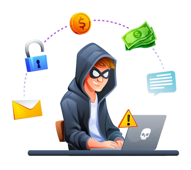 Vector hacker with laptop computer stealing information and confidential data cyber attack concept vector