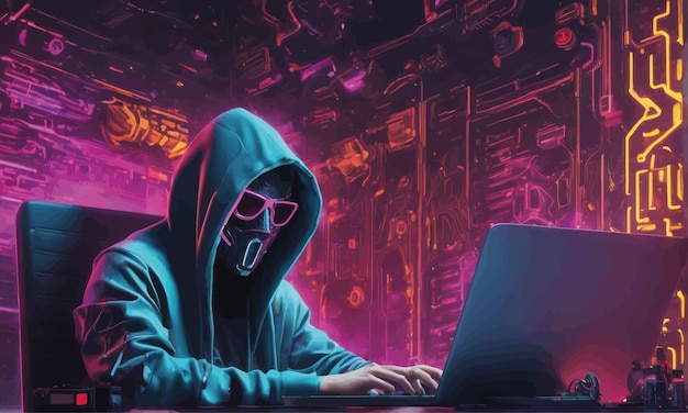 Premium Vector | Hacker with laptop in dark room hacker with computer