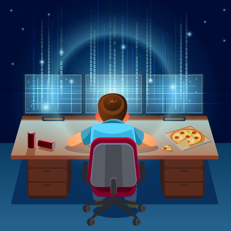 Vector hacker working on a code on dark digital background with digital interface around. binary computer code. programming / coding / hacker concept. cartoon illustration.