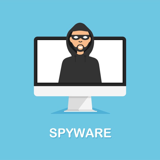 Hackeractiviteit en cybercriminaliteit. Spyware en internettechnologie. Dief met zwart masker steelt info.