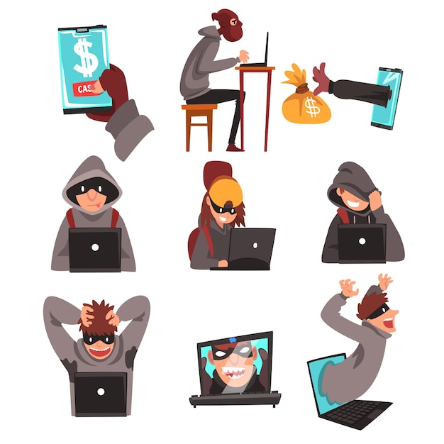 Hackers in Disguise Stealing Information and Money Using Laptop Set Internet Crime Computer Security Technology Cartoon Vector Illustration on White Background