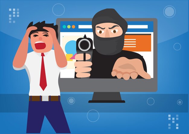 Vector hackers steal data and demand ransom by seizing information related to cybercrime applications vector illustration