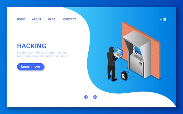 Hacking an ATM. Concept banner in flat isometric view.