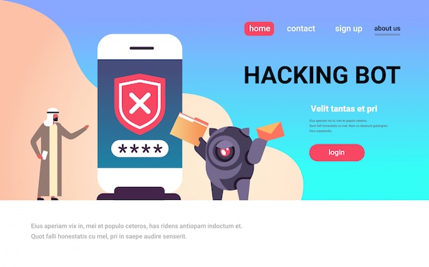 Hacking bot landing page concept with arabic person