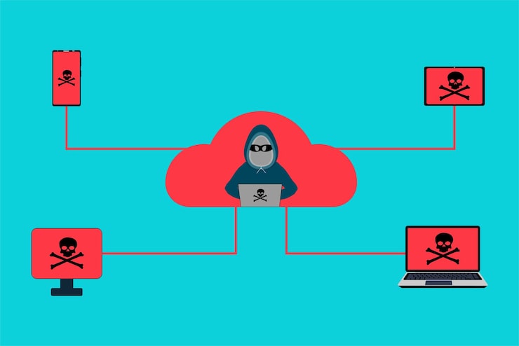 Vector hacking digital devices using the online server concept hackers use cloud servers to hack smartphones tablets computers and laptops vector hacker red signal and skull face vector infographic