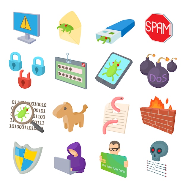 Hacking icons set in cartoon style