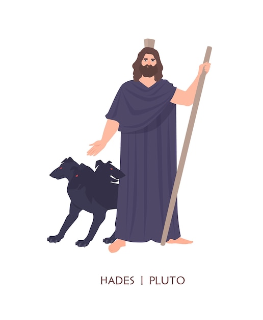 Vector hades or pluto - god of dead, king of underworld in ancient greek and roman religion or mythology. male cartoon character isolated on white background. flat cartoon colorful vector illustration.