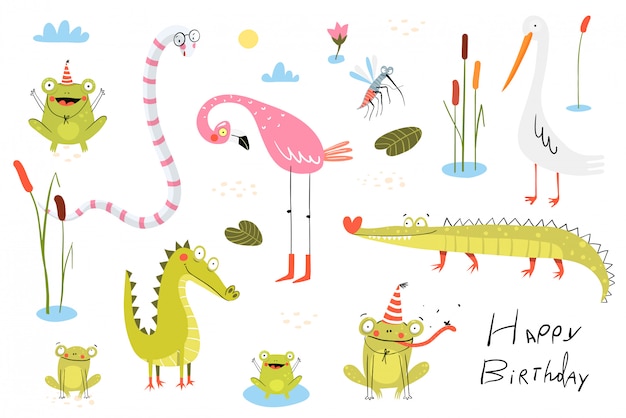 Hagedis, kikkers, alligators, krokodillen en flamingo met eenden- of suikerrietvogels. Moeras en meer doodle dieren clipart cartoon collectie voor kinderen.