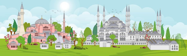 Вектор Купола и минареты собора святой софии и голубой мечети в старом городе стамбула, поворотный момент турции