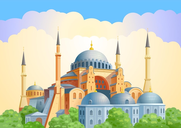 터키의 이스탄불 랜드마크(Istanbul Landmark)의 구시가에 있는 아야 소피아(Hagia Sophia) 돔과 첨탑