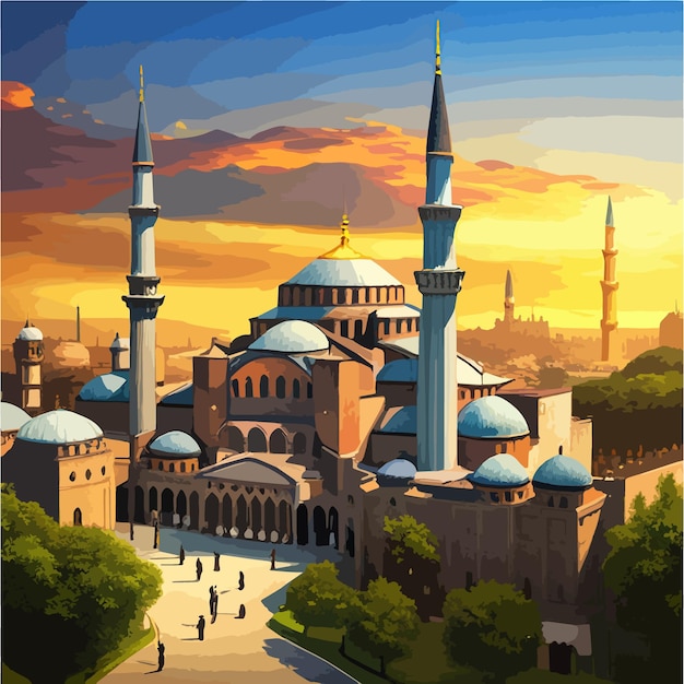 Исламская историческая мечеть Святой Софии в Стамбуле и векторная иллюстрация музея