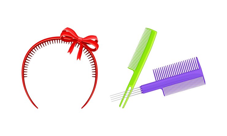 वेक्टर hair accessories for girlish hairstyle set red headband with bow and plastic combs cartoon vector illustration