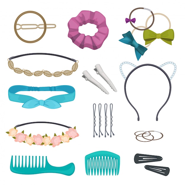 Vector hair accessories. woman stylish hair item clips flowers bandanas gags bows elastic bands hoops cartoon