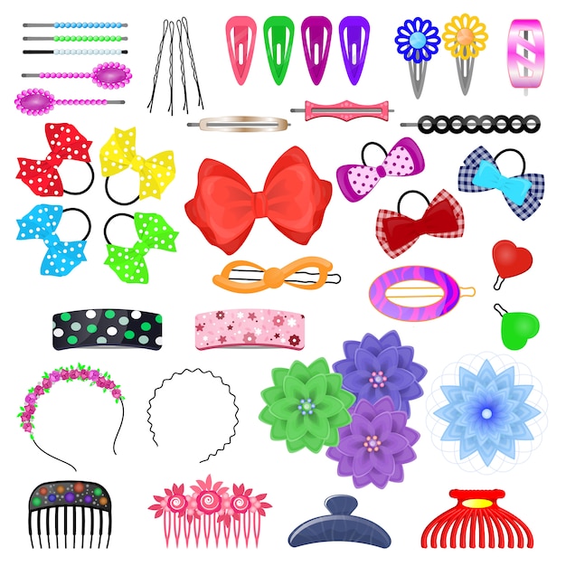 Hair accessory vector kids hairpin or hair-slide and hair-clip ponytailer for girlish hairstylend