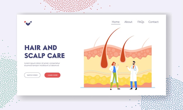 ベクトル 髪と頭皮のケアランディングページテンプレート皮膚科医毛髪学者小さな医者のキャラクター皮膚科と毛髪学者スペシャリスト皮膚または髪の治療漫画の人々ベクトルイラスト