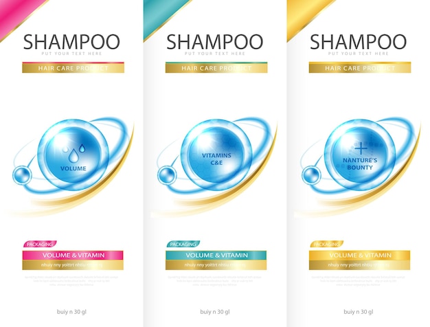 Vector hair care design of shampoo cosmetic for design the effects of protection and shine and radiance
