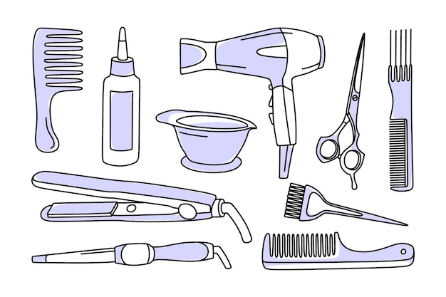 Prodotti per la cura dei capelli un set di cosmetici e articoli in colore molto peri illustrazione vettoriale in doodle