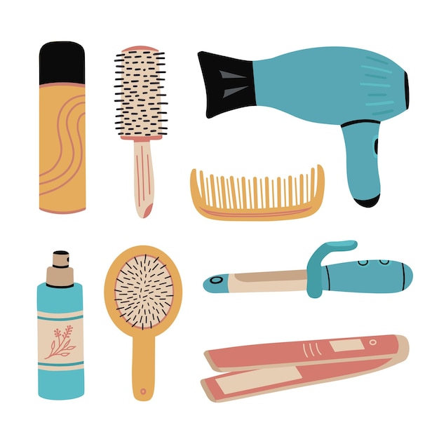 Vector hair care set gentle hair care beauty procedures hairdryer iron styling combs illustration background covers packaging greeting cards posters stickers isolated on white background
