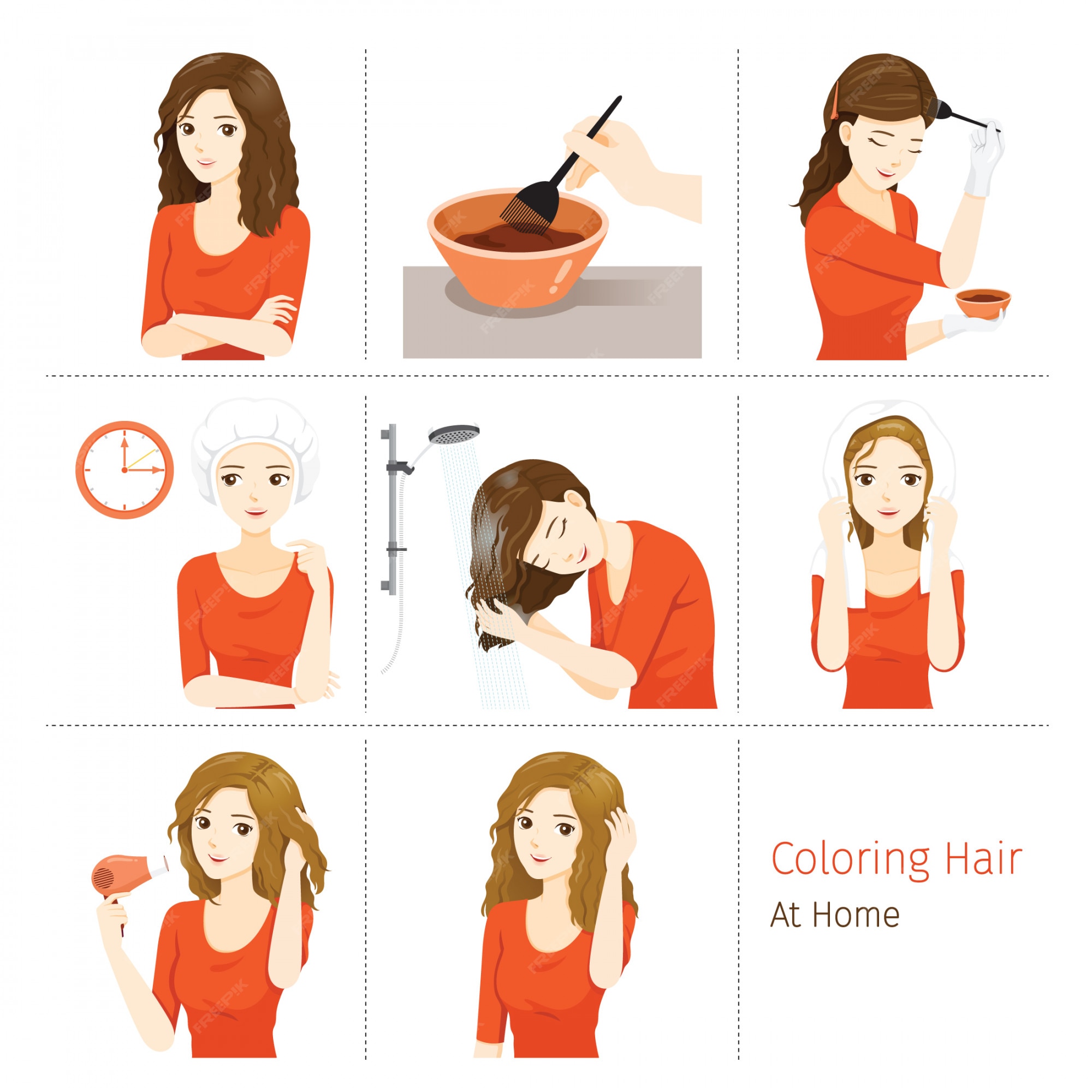 Premium Vector | Hair coloring process. steps of young woman coloring her own hair from brunette to blonde at home Premium Vector | Hair coloring process. steps of young woman coloring her own hair from brunette to blonde at home