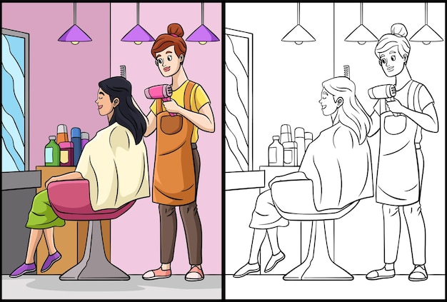 Hair Dresser Coloring Page Colored Illustration