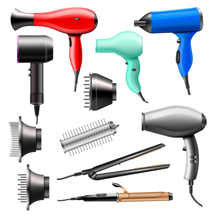Vector hair dryer fashion hairdryer of hairdresser to blow-dry and electric hair-dryer blower illustration beauty set of barber styling appliance straightener curler isolated on white background