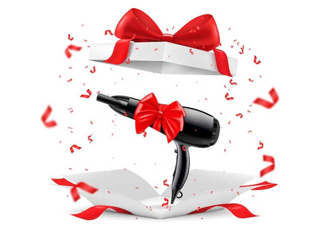 Asciugacapelli con nastro rosso e fiocco all'interno della confezione regalo aperta rendering 3d concetto regalo illustrazione vettoriale realistica isolata su sfondo bianco