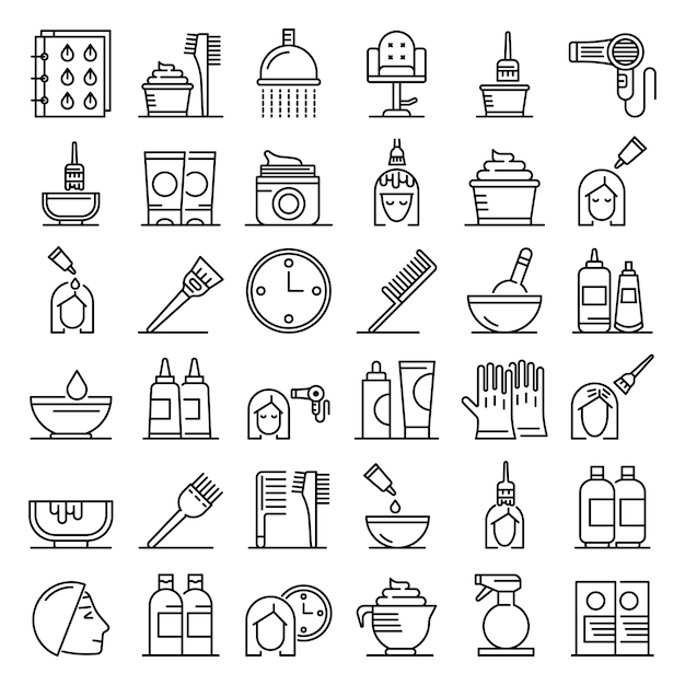 Hair dye icons set, outline style