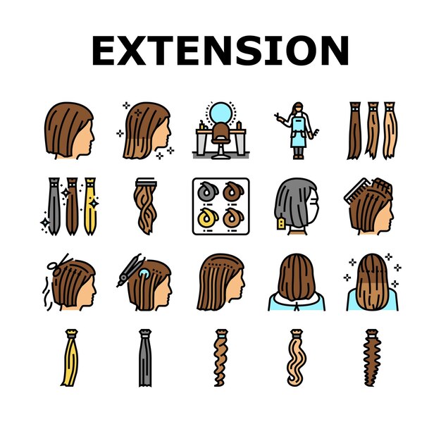 Hair Extension Salon Procedure Icons Set Vector