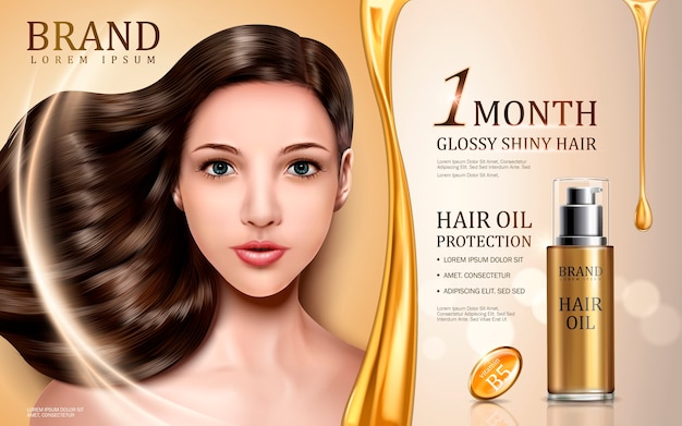 Hair oil protection contained in bottle with model face, golden background