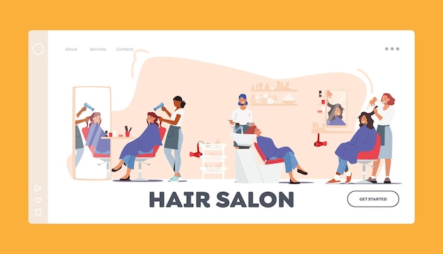 Vector hair salon landing page template female characters visiting beauty salon for hairstyle young women sitting at mirror