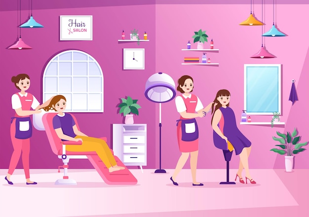 Hair salon with haircut and hairstyle in beauty salon or barber in flat cartoon illustration