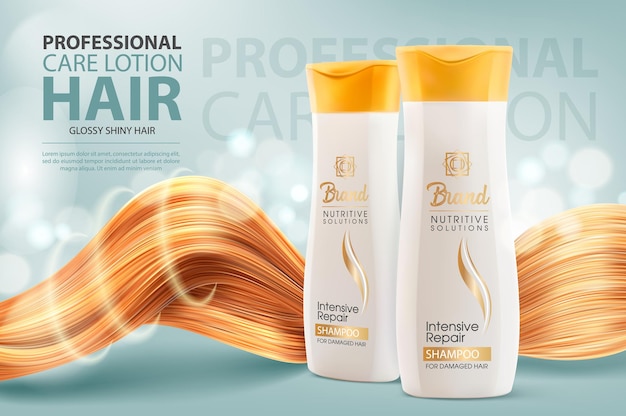 Vector hair shampoo or conditioner, cosmetic bottles and shining hair vector ad banner. professional care lotion tubes for intensive repair. cosmetics beauty product advertising, realistic 3d template