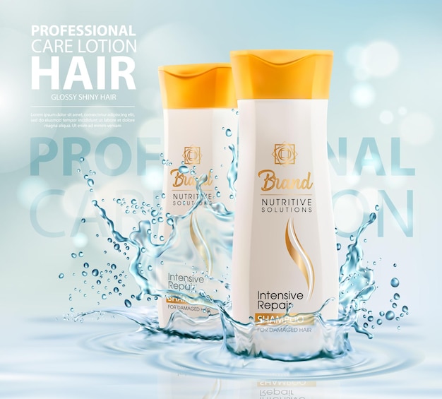 Shampoo o lozione per capelli in spruzzi d'acqua trasparente. banner pubblicitario per flaconi cosmetici per lozione o balsamo per la cura. tubi di cura professionale per riparazioni intensive. modello 3d realistico del prodotto di bellezza dei cosmetici