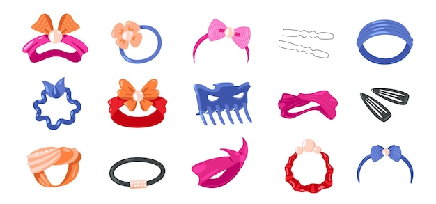 Cravatte per capelli carino forcina per capelli arco scrunchy icone cartone animato moda da ragazzina accessori per acconciatura attrezzature per parrucchieri stile piatto set vettoriale