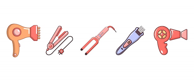 벡터 헤어 도구 아이콘 세트입니다. 헤어 도구 벡터 아이콘 세트의 만화 세트 절연