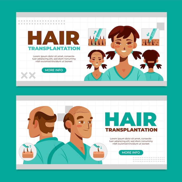 Vector hair transplant flat cartoon banner set