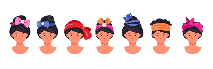 Vector hairband on head woman messy bun hair updo cute fashion girl hairstyle with stylish handkerchief cartoon portrait in headwrap vector illustration