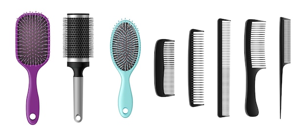 Hairbrushes and combs realistic set Isolated hair brushes barber and hairdresser tools Plastic metal hair care or hairstyle salon accessories 3d vector illustration