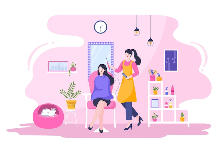 Vector 이발, 착색 및 헤어스타일에 대한 의상과 미용사 뷰티 살롱 평면 디자인 벡터 일러스트 레이 션