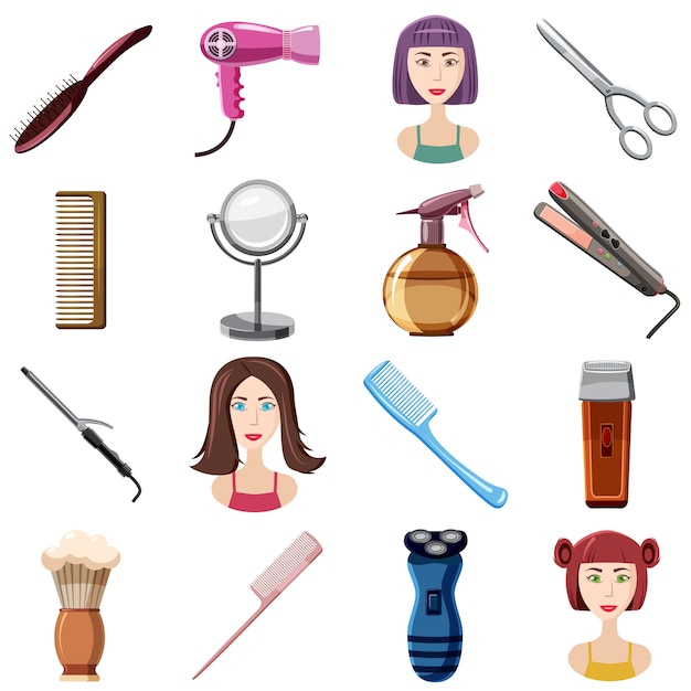 Vector hairdresser icons set, cartoon style