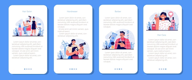 hairdresser mobile application banner set idea of hair care in salon