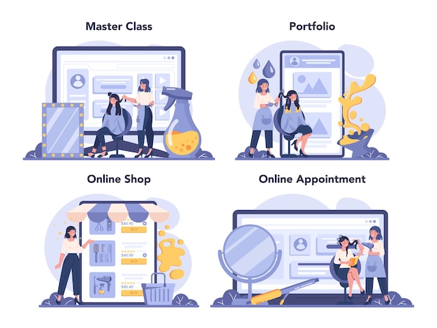 ベクトル 美容院オンラインサービスまたはプラットフォームセット
