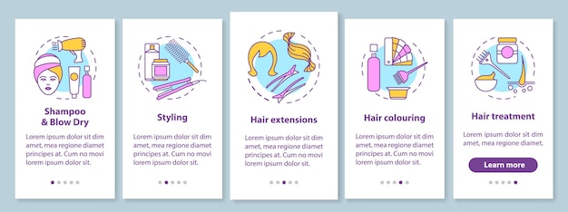 Servizi di parrucchiere a bordo della schermata della pagina dell'app mobile con concetti lineari. procedura dettagliata per lo styling dei capelli, istruzioni grafiche. modello vettoriale ux, ui, gui con illustrazioni