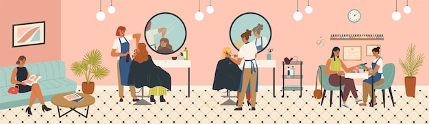 Hairdresser salon vector illustration with hairstylists and clients