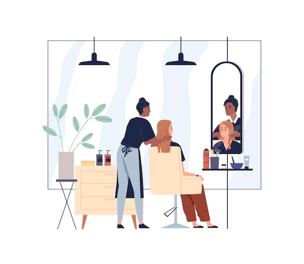 Hairdresser and woman client in chair in front of mirror in beauty salon. Hairstylist caring and treating customers hair, doing hairstyle. Flat vector illustration isolated on white background.