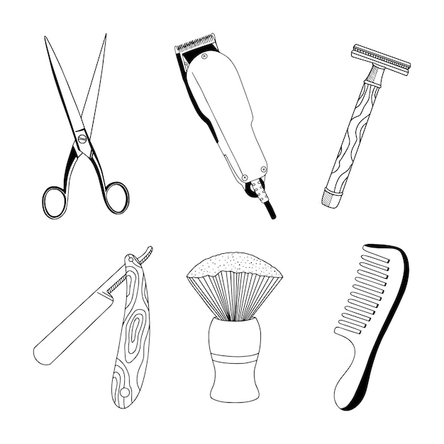 Vector hairdressers tools and barbershop set of vector black and white style objects