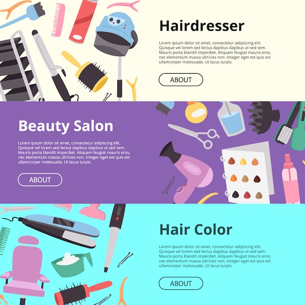 Hairdressing equipment setof banners  illustration. Hairdresser, beauty salon, hair color. Hair style salon texture with scissors, combs, straightening iron, hair dryer symbols.