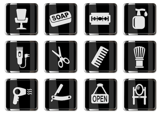 Hairdressing salon pictograms in black chrome buttons. icon set for your design. vector icons