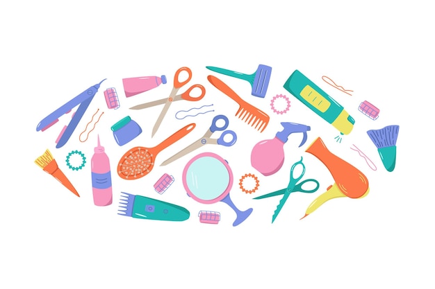 Hairdressing tool kit for beauty salon or home use. vector illustration of doodle icons for self and hair care. comb, razor, hair dryer, curling iron and other items.